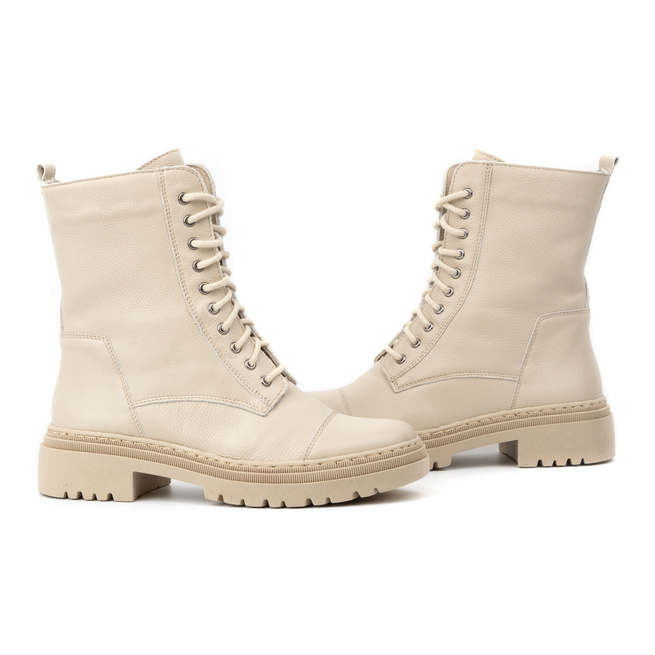 Botki damskie skórzane sznurowe wysokie zimowe 0640 ecru