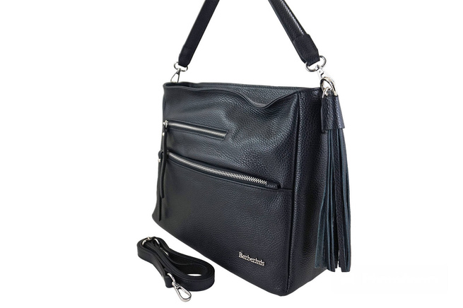 Pojemna skórzana torba z frędzlem - Czarna