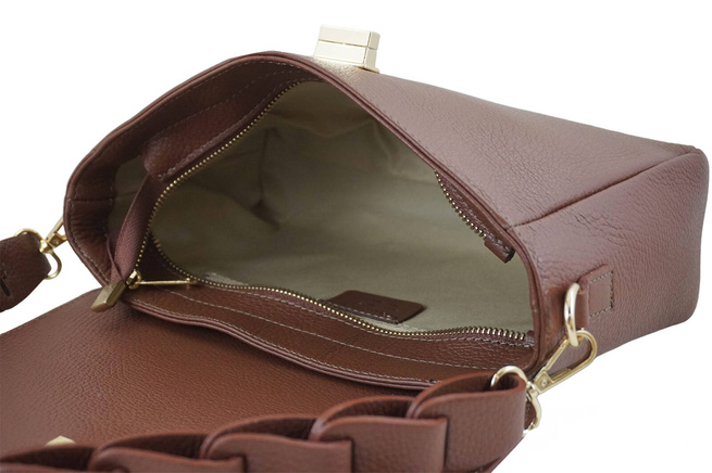 Skórzana torebka na ramię z plecionym paskiem - Brązowa