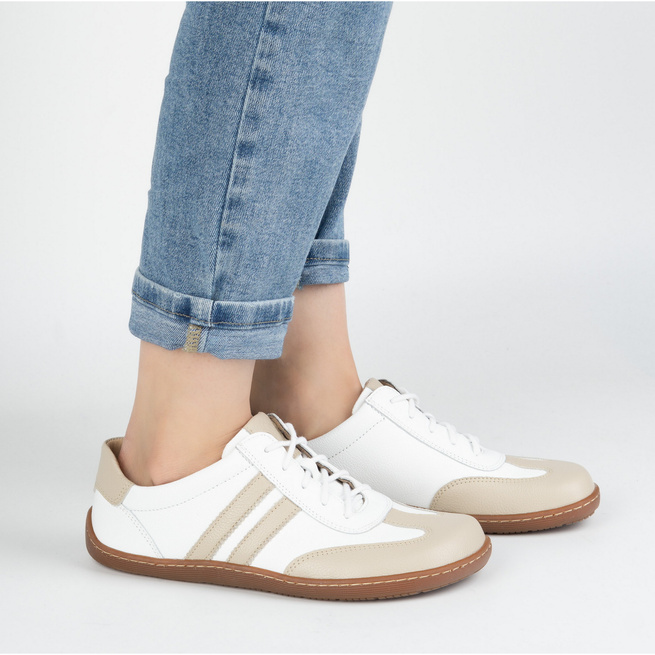 Buty BAREFOOT damskie skórzane minimalistyczne 1287 białe z beżem sneakersy