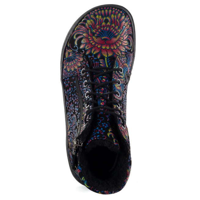 Dámské minimalistické kožené zimní boty barefoot model 1293 černé s etnickým vzorem chrpy