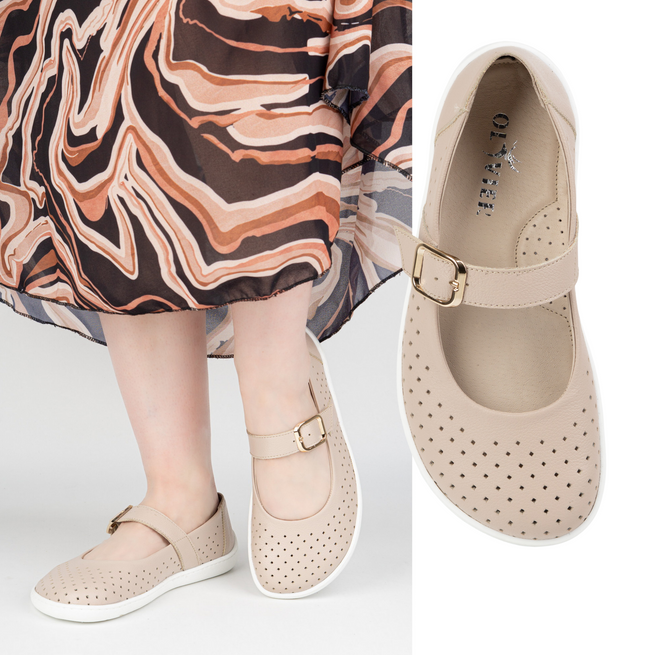 Dámské barefoot baleríny Olivier 1770POL kožené boty s přezkou béžové barvy