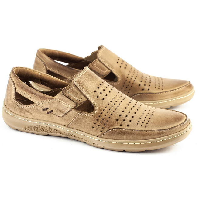 Buty męskie skórzane ażurowe 863 na lato beżowe