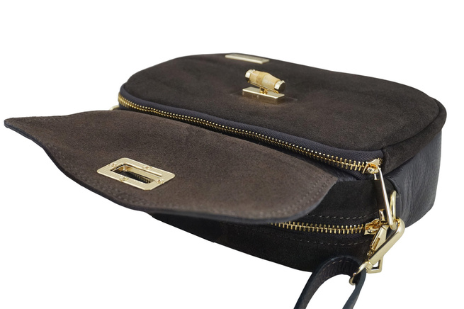 Mała zamszowa listonoszka ze złotym zapięciem - Brązowa ciemna