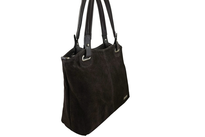 Velká elegantní kabelka z přírodní kůže a semiše - Hnědá tmavá