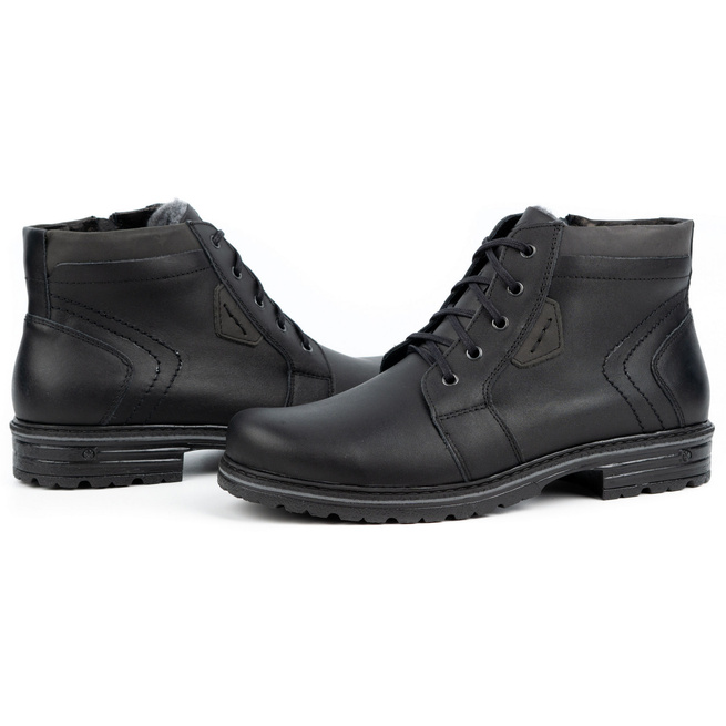 Buty męskie zimowe skórzane J34S Czarne z szarym