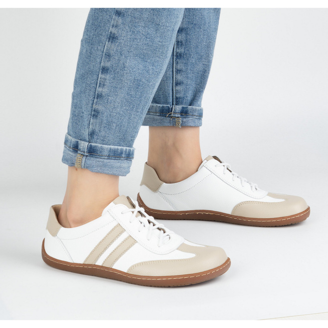 Buty BAREFOOT damskie skórzane minimalistyczne 1287 białe z beżem sneakersy