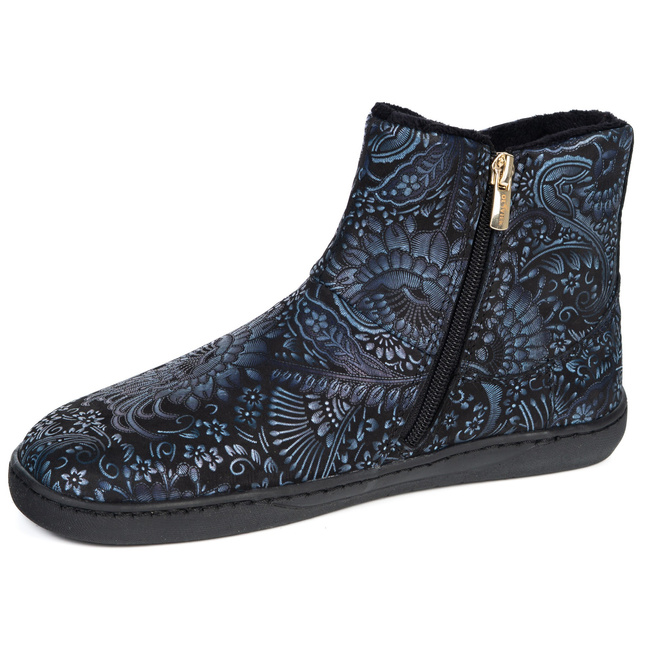 Dámské barefoot zimní kožené boty zateplené kožíškem Olivier 202MP černé a tmavě modré s květinami 