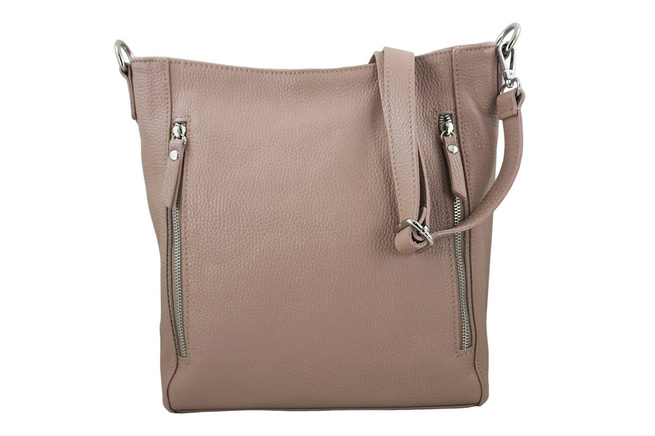 Praktyczna skórzana torebka na ramię - Różowa pudrowa