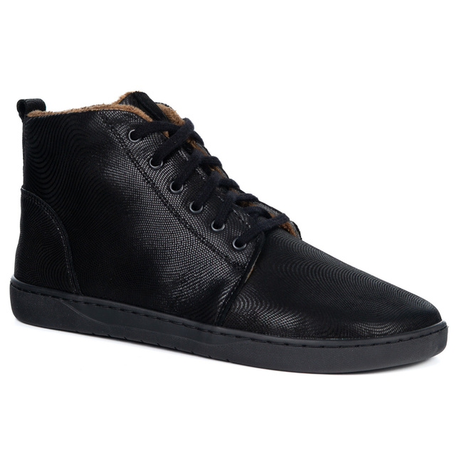 Damskie buty barefoot zimowe skórzane ZB04 ocieplane obuwie minimalistyczne czarne fala