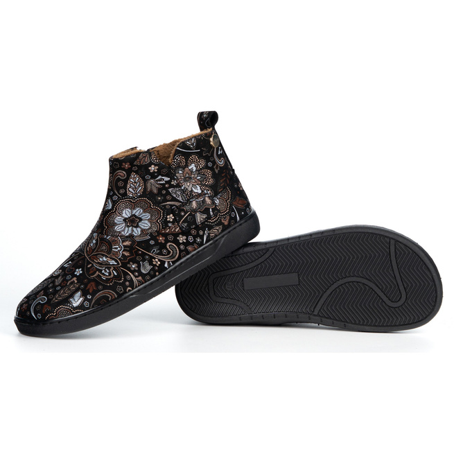 Buty damskie zimowe barefoot skórzane Z-B07 czarne jesienne wzory na zamek