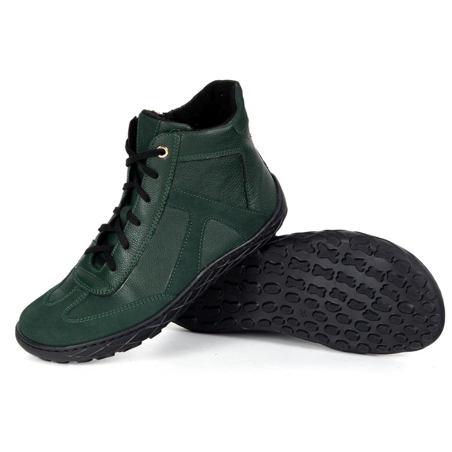 Damskie zimowe buty skórzane barefoot 1294 minimalistyczne zielone