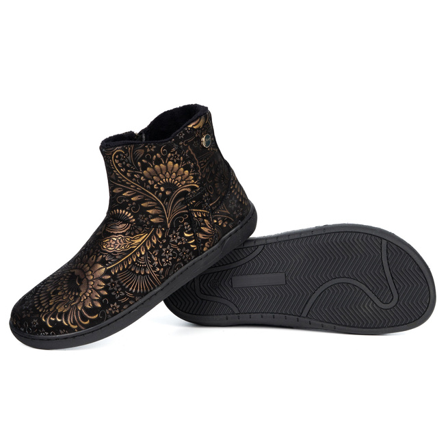 Dámské barefoot zimní kožené boty zateplené kožešinou Olivier 202MP flowers gold