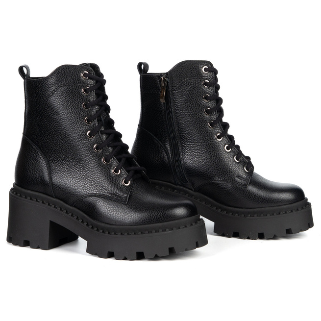 Dámské kožené kozačky Olivier 404BB na šněrování na jehlovém podpatku se zipem černé barvy