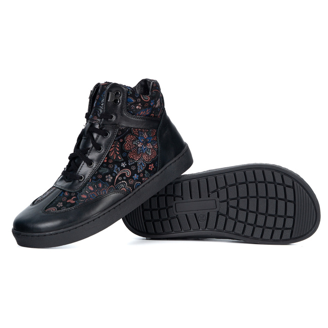 Buty BAREFOOT damskie zimowe 201MP ocieplane skórzane czarne we wzory
