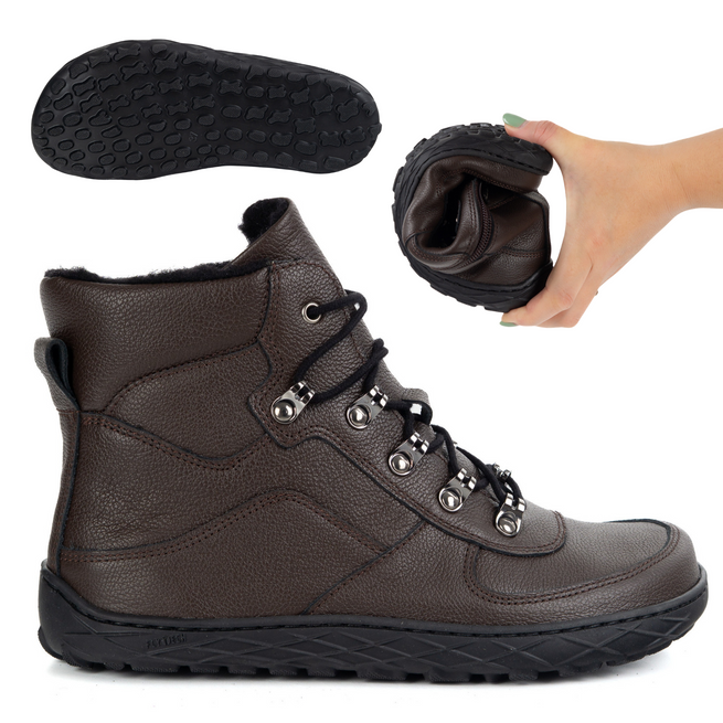 Barefoot zimní dámské kožené zateplené vlněné traperské boty hnědé 1292