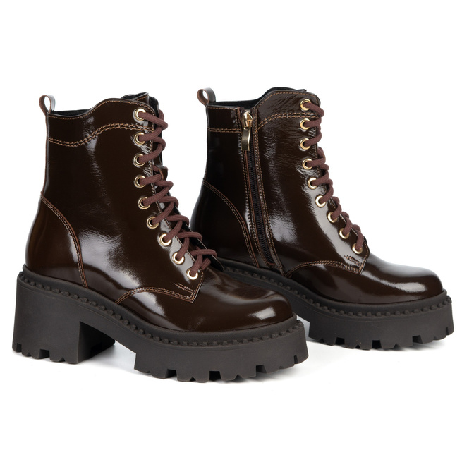 Dámské kožené boty Olivier 404BB šněrovací post se zipem hnědé