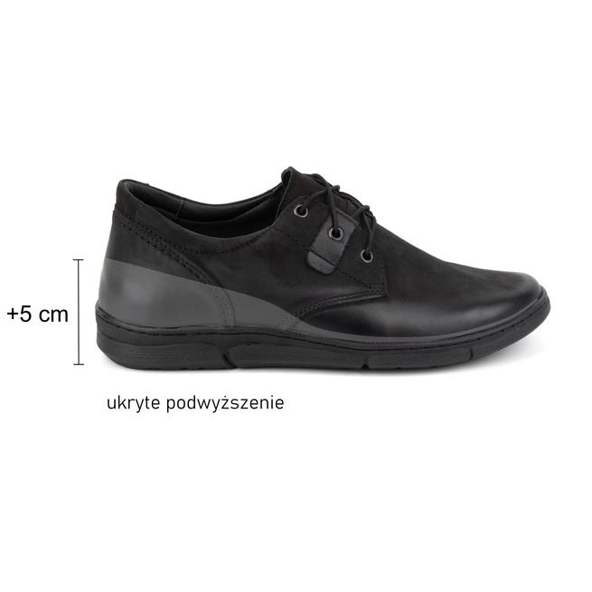 Buty męskie podwyższające CASUAL sznurowane skórzane 237KZ + 5 cm czarne