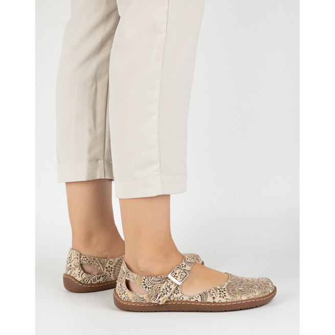 Damskie buty barefoot ze skóry naturalnej z printem 1284 beżowe
