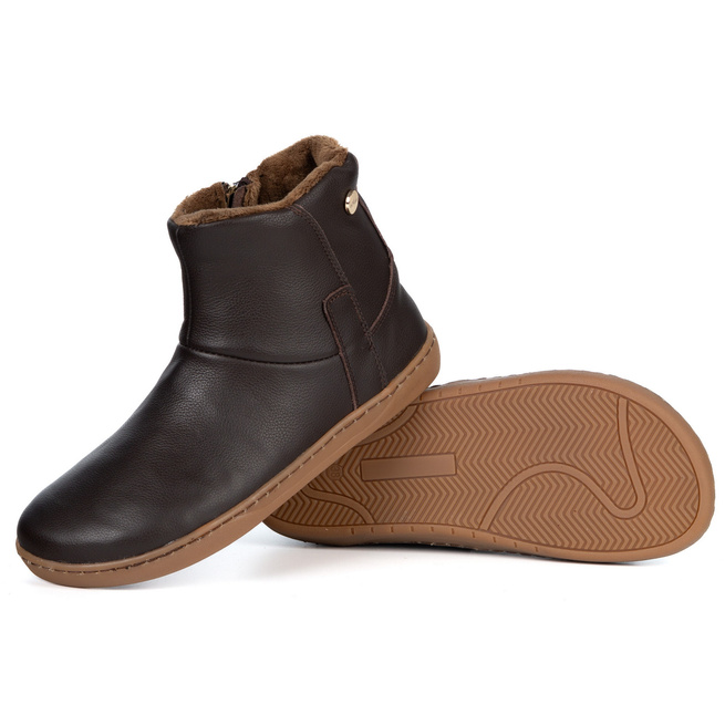 Buty Damskie botki barefoot skórzane ocieplane na zamek Olivier 202MP brązowe