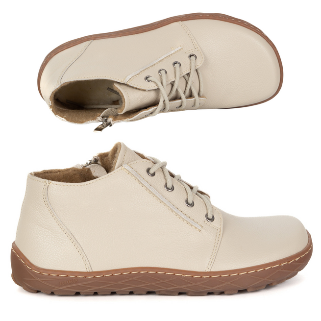 Buty damskie skórzane BAREFOOT lekko ocieplone za kostkę z zamkiem 787/2 beżowe