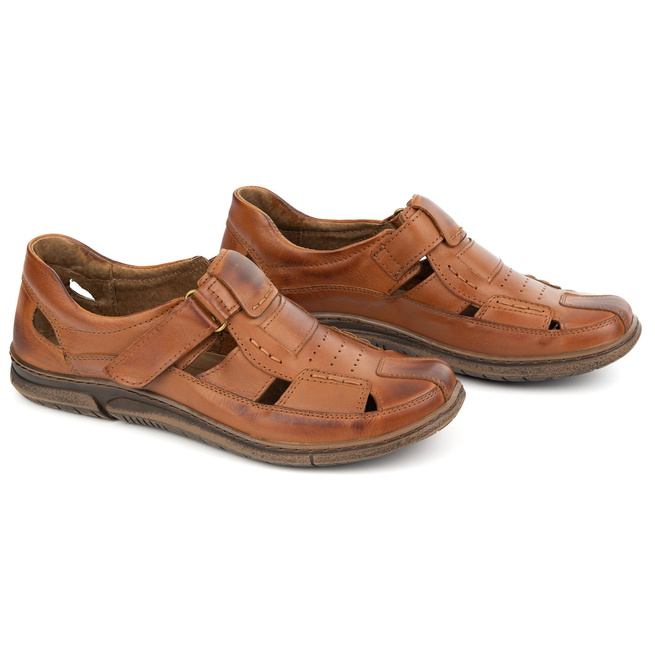 Buty męskie skórzane na rzep 937KOM brązowe