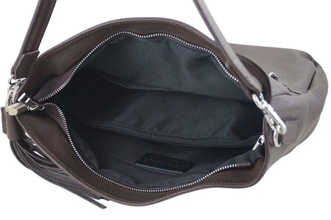 Pojemna skórzana torba z frędzlem - Brązowa ciemna