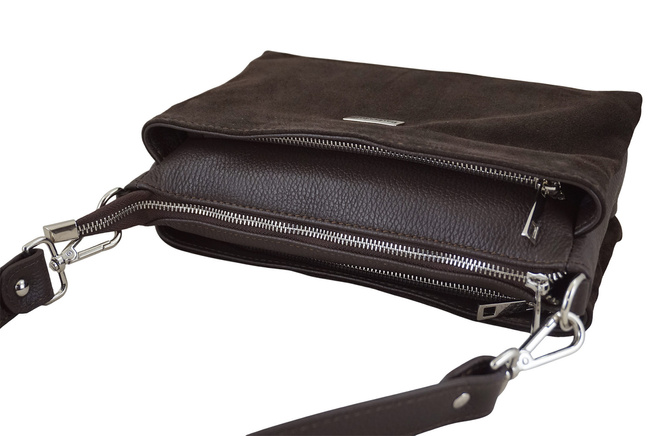 Pojemna torebka listonoszka ze skóry i zamszu - Brązowa ciemna