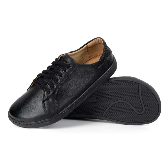 Aura: Czarne Damskie Skórzane Sneakersy Barefoot | Uniwersalne Buty z Płaską Podeszwą