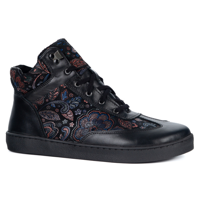 Buty BAREFOOT damskie zimowe 201MP ocieplane skórzane czarne we wzory