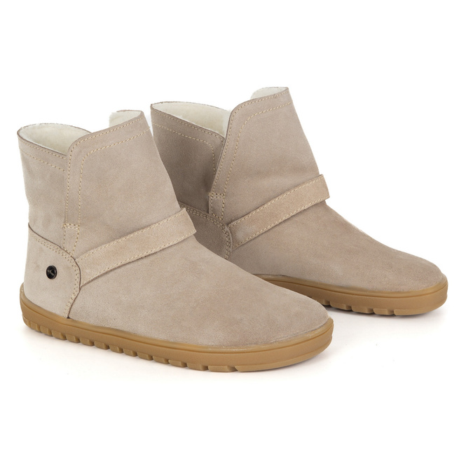 Buty damskie BAREFOOT zimowe Olivier Harper beżowe skórzane, ocieplane wełną merino