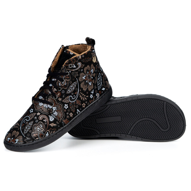 Dámské barefoot kožené zimní boty Z-B04 černé s hnědými vzory 