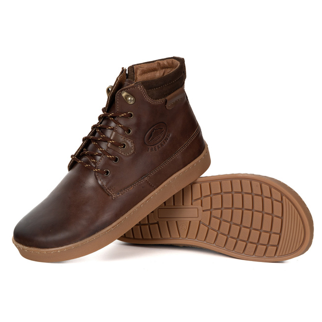 Buty męskie barefoot zimowe skórzane ocieplane szerokie 755MP ciemno brązowe