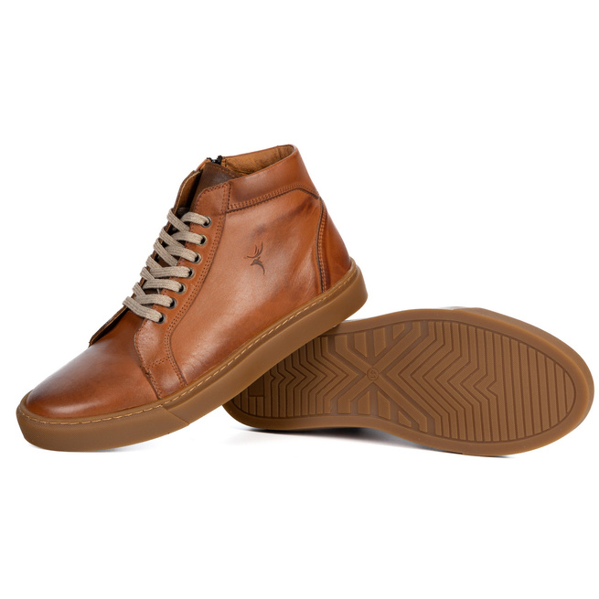 Buty Męskie sneakersy skórzane 532KNT wysokie obuwie przejściowe brązowe