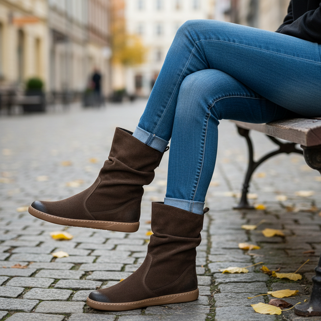 Buty Damskie botki BAREFOOT skórzane ocieplane Freja polskie brązowe