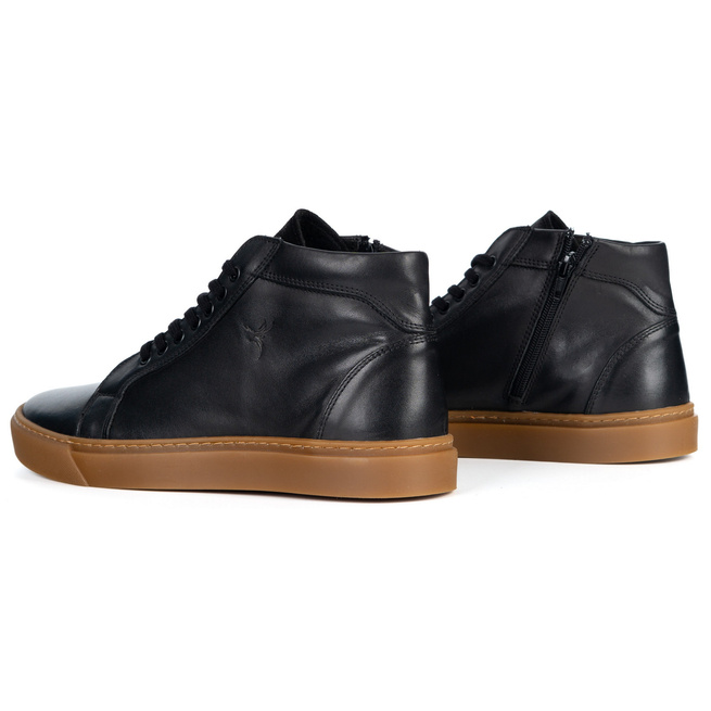 Buty Męskie sneakersy skórzane 532KNT wysokie obuwie przejściowe czarne