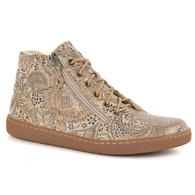 Dámské minimalistické barefoot zimní kožené boty 1293 béžové s etnickými vzory