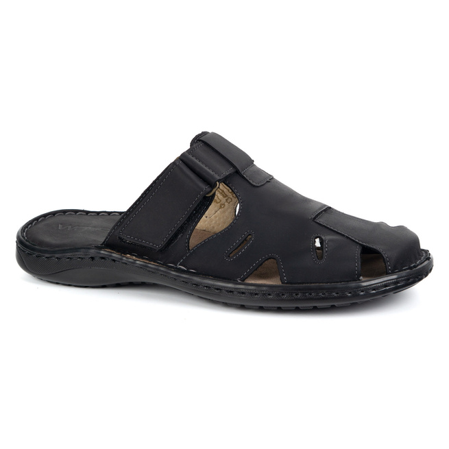 Skórzane klapki męskie Wasak na rzep 0223W czarne