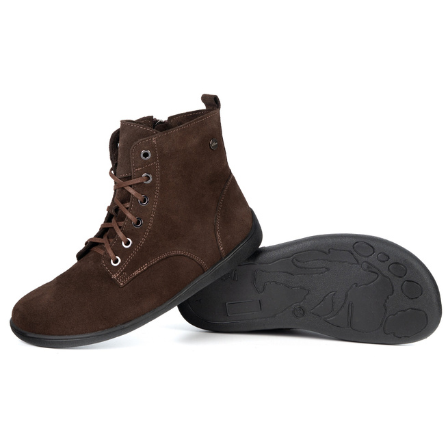 Botki damskie BAREFOOT skórzane 1795/2POL – ocieplane, sznurowane z zamkiem brązowe