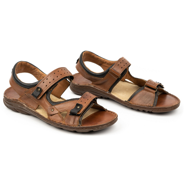 Pánské kožené sandály na suchý zip 947Ł hnědé