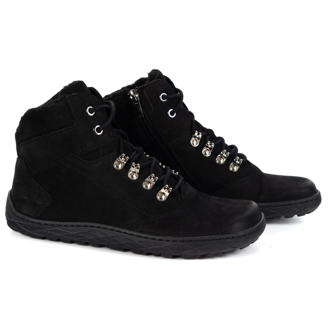 Buty damskie barefoot zimowe skórzane Olivier Astrid ocieplane wełną naturalną czarne