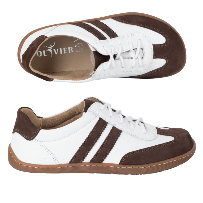 Buty BAREFOOT damskie skórzane minimalistyczne 1287 białe z brązowym nubukiem sneakersy