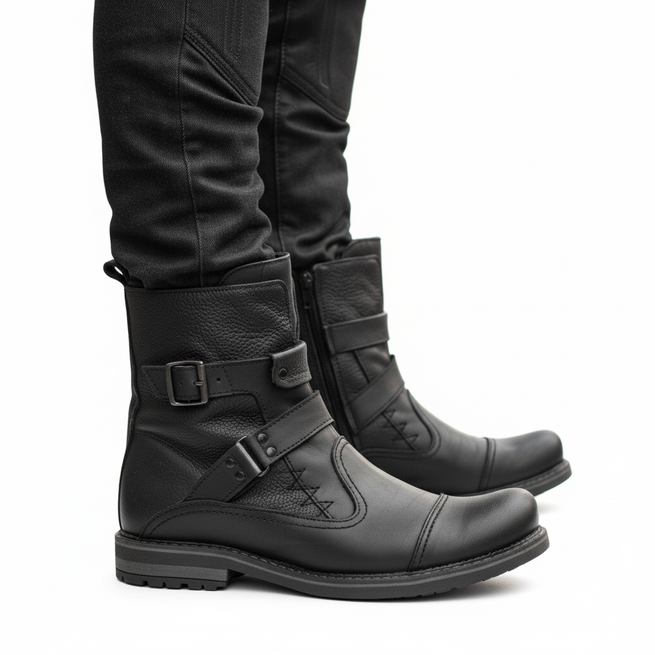 Męskie buty sztyblety skórzane 82KZ czarne – obuwie motocyklowe ze skóry naturalnej