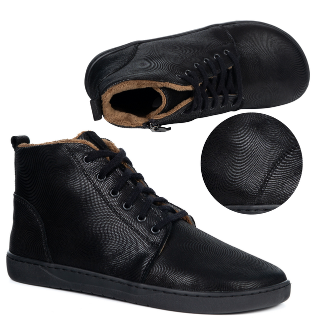 Dámské barefoot zimní kožené boty Z-B04 zateplená minimalistická obuv černá vlna