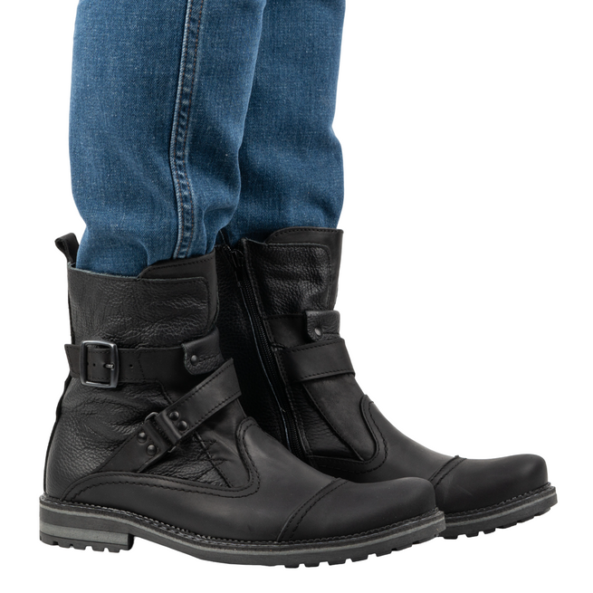 Męskie buty sztyblety skórzane 82KZ czarne – obuwie motocyklowe ze skóry naturalnej