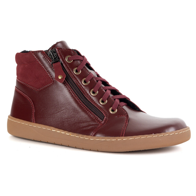Damskie minimalistyczne buty skórzane zimowe barefoot 1293 bordo z nubukiem