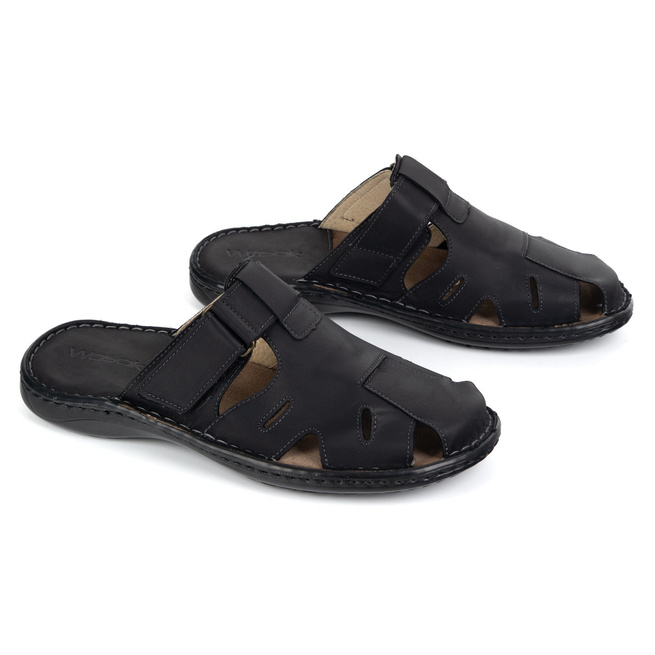 Skórzane klapki męskie Wasak na rzep 0223W czarne