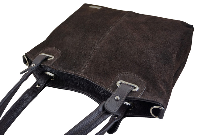 Duża elegancka torebka z naturalnej skóry i zamszu - Brązowa ciemna