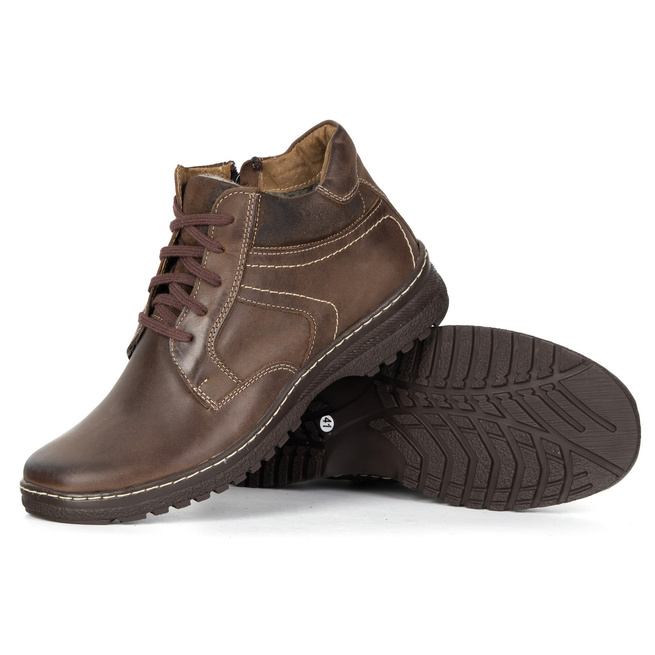 Buty męskie skórzane zimowe ocieplane KOMODO 907K trzewiki na zamek brązowe
