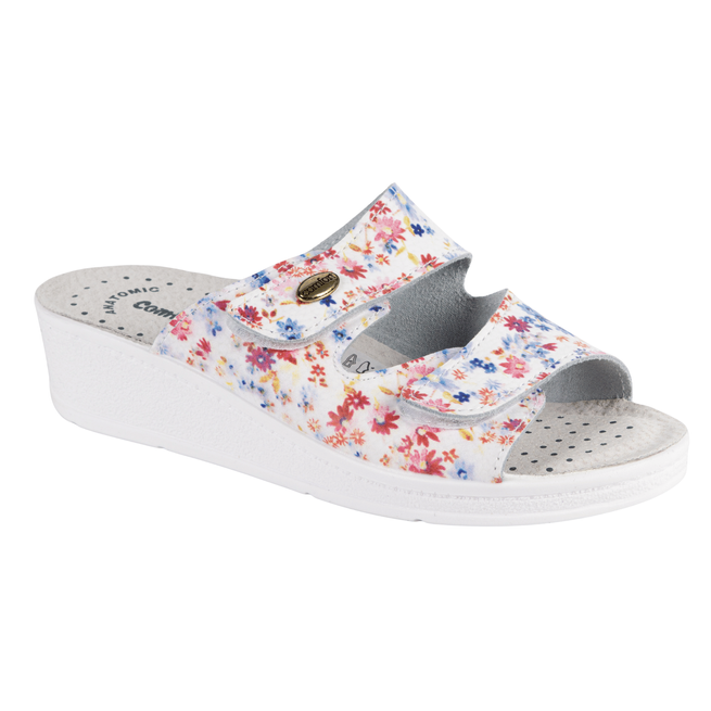 Buty skórzane damskie klapki regulowane medyczne GIULIA w kwiaty